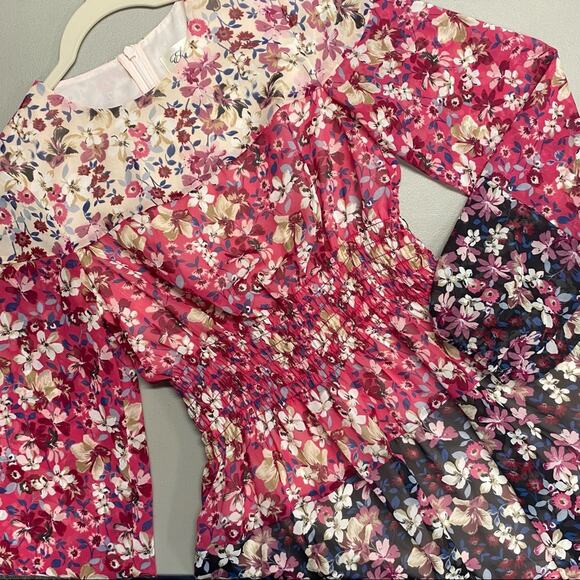 Eliza J Dress Floral Pink Purple Sheer Long Sleeve Cinched Waist Size 2 - Picture 1 of 8